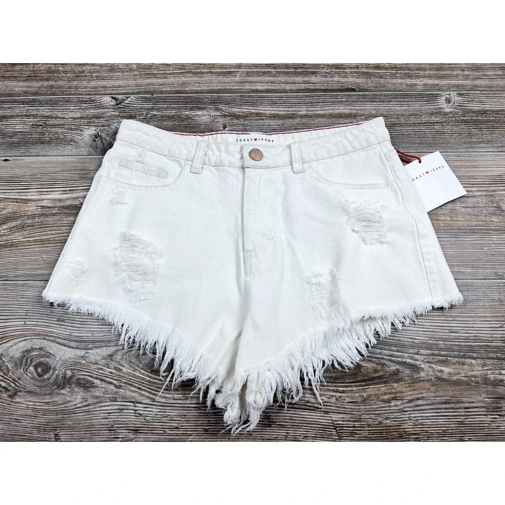 Toast Jeans White‎ Distressed Denim Shorts Raw Hem Cut-Off's MED Beach Summer